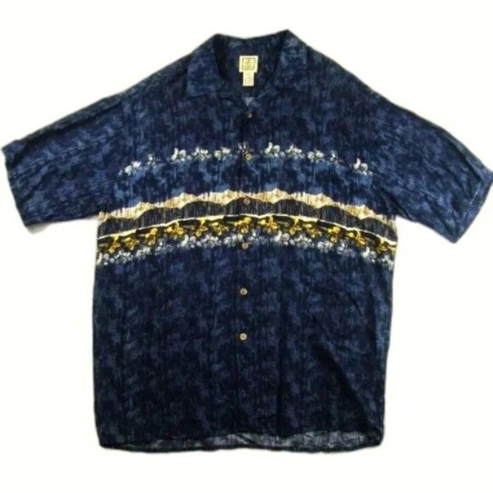 Morro Bay Men's Large L 100% Viscose Rayon Blue Tropical Floral Casual Button-Do